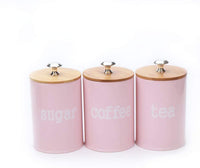 x022S Pink Set of 3 Metal Food Storage Tin Canister/Jar with Bamboo Lid