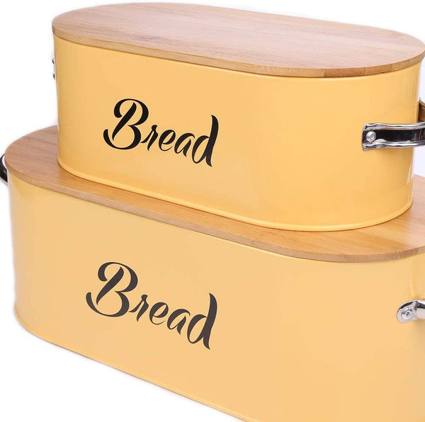 X560 Yellow Vintage Set of 2 Metal Kitchen Storage Tin canister Bread box/Bin/container Large With Bamboo Lid
